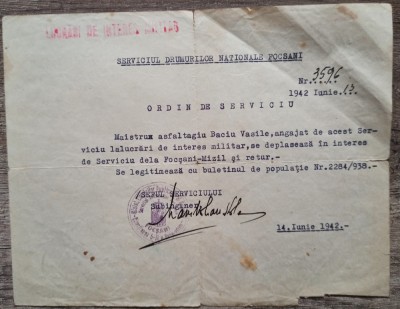 Ordin de Serviciu, Serviciul Drumurilor Nationale Focsani 1942 foto