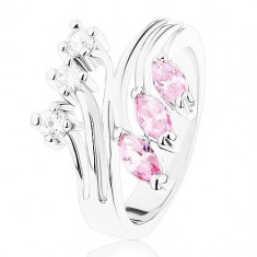 Inel argintiu cu braţe ramificate, zirconii transparente şi roz - Marime inel: 52