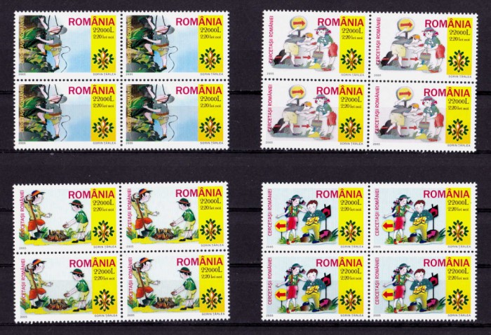 RO 2005 ,LP 1686 , &quot;Cercetasii Romaniei &quot; serie in bloc de 4 ,MNH