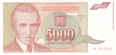 Bancnota Iugoslavia 5.000 Dinari 1993 - P128 UNC foto