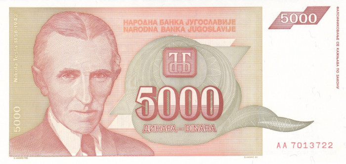 Bancnota Iugoslavia 5.000 Dinari 1993 - P128 UNC