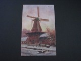 Moară de v&acirc;nt &icirc;n peisaj de iarnă-Carte Poștală Olanda (cel mai probabil din perioada 1910&ndash;1940), Circulata, Printata