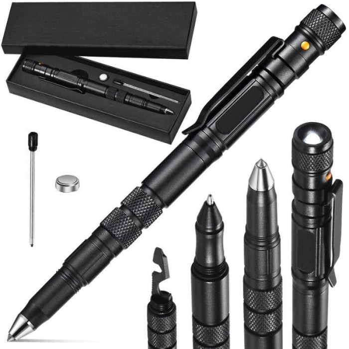 Pix tactic multifunctional, aliaj de aluminiu, negru, 2 capete de surubelnita, cap de pix, cap de ecran tactil, lanterna, cap de spart sticla, i