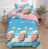 Cumpara ieftin Lenjerie De Pat Labubu Xc071, Bumbac, 4 Piese, Cu Elastic, Albastru, Imprimeu, Roz