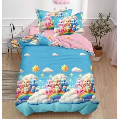 Lenjerie De Pat Labubu Xc071, Bumbac, 4 Piese, Cu Elastic, Albastru, Imprimeu, Roz