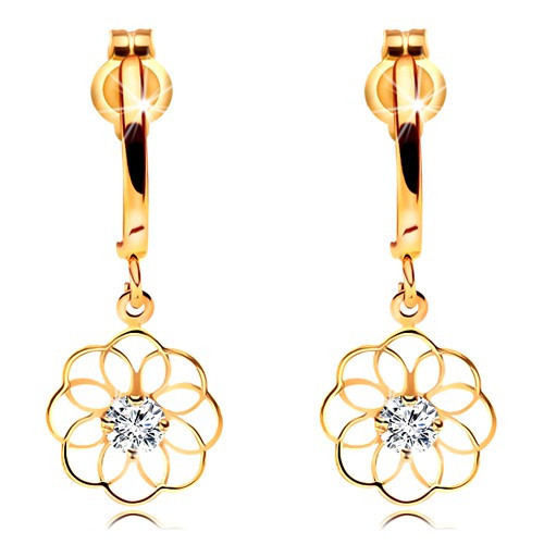Cercei cu diamant din aur galben 14K - arc lucios și contur de floare cu  diamant strălucitor | Okazii.ro