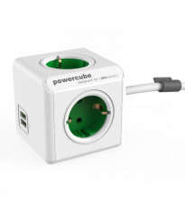 Prelungitor in forma de cub 4 prize, 2 USB, lungime cablu 1.5m alb verde, Allocacoc foto