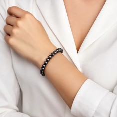 Set bratara Hematit cu felicitare personalizata, piatra protectie 6 mm, femei barbati elastica negru