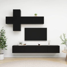 Set comodă TV, 7 piese, negru, lemn prelucrat