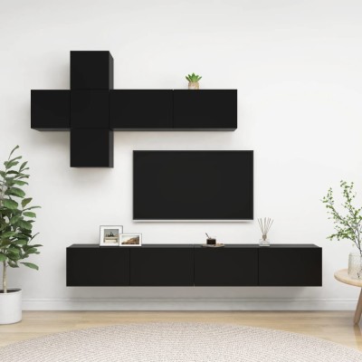 Set comodă TV, 7 piese, negru, lemn prelucrat foto