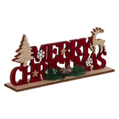 Decorațiune Crăciun, Merry Christmas, Lemn Catifelat, Roșu, 21.5x4x9.5cm
