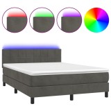 Cumpara ieftin Pat cu arcuri, saltea si LED, gri inchis, 140x200 cm, catifea