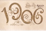 Felicitare in limba maghiara cu textul Boldog uj evet! 1906 (scrisa)