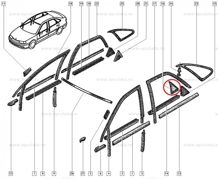 Garnitura geam usa spate stanga colf Renault Laguna 1, originala 7700828883 Kft Auto