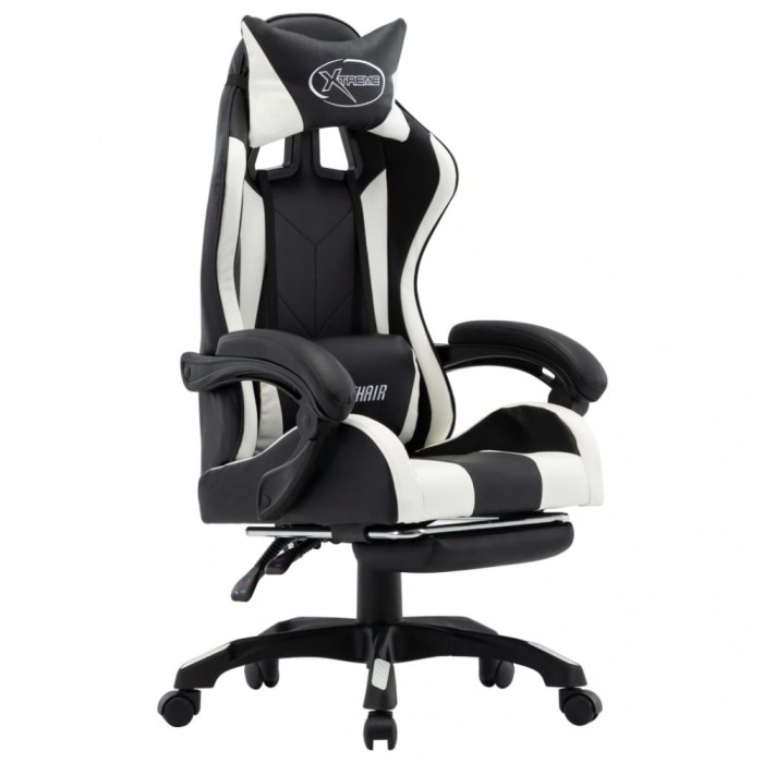 vidaXL Scaun de racing, suport picioare, alb/negru, piele ecologică