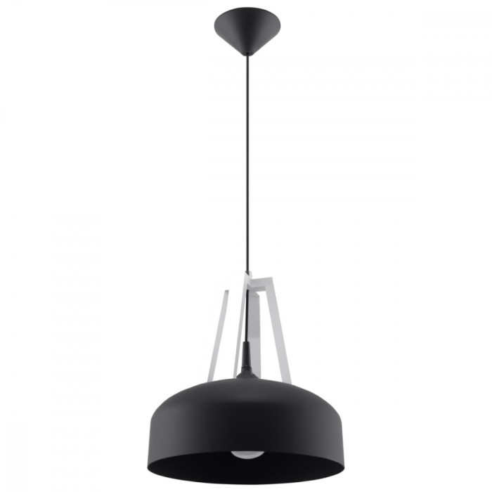 Lampă Suspendată Casca Alb Negru Oțel/Lemn 1 Bec Dom Modern De Interior