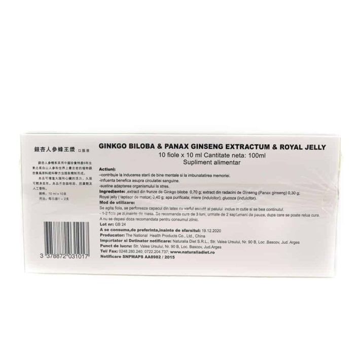 Ginkgo Biloba & Panax Ginseng Extractum & Royal Jelly, 10 fiole, Sanye Intercom Ginkgo Biloba & Panax Ginseng Extractum & Royal Jelly, 10 fiole, Sanye Intercom