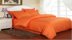 Lenjerie de pat matrimonial cu husa elastic pat si fata perna patrata, Elegance, damasc, dunga 1 cm 130 g/mp, Portocaliu, bumbac 100%