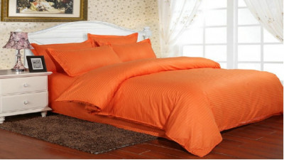 Lenjerie de pat pentru o persoana cu husa elastic pat si fata perna dreptunghiulara, Elegance, damasc, dunga 1 cm 130 g/mp, Portocaliu, bumbac 100% foto