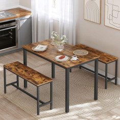 Set masa dining si 2 banchete Vasagle, 110 x 70 x 75 cm / 97 x 30 x 50 cm, PAL/otel, maro rustic