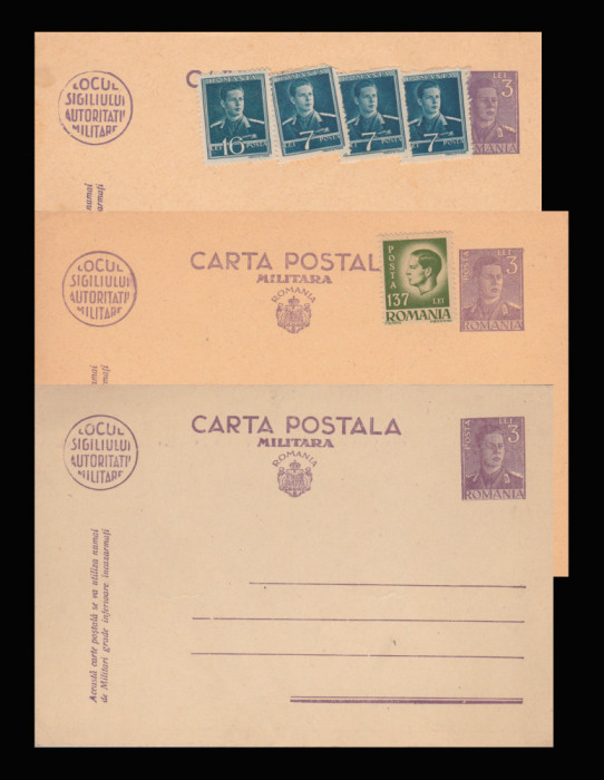 Romania 1943 - 3 cp militare, marca fixa Mihai 3 Lei, varietati carton &amp; marime