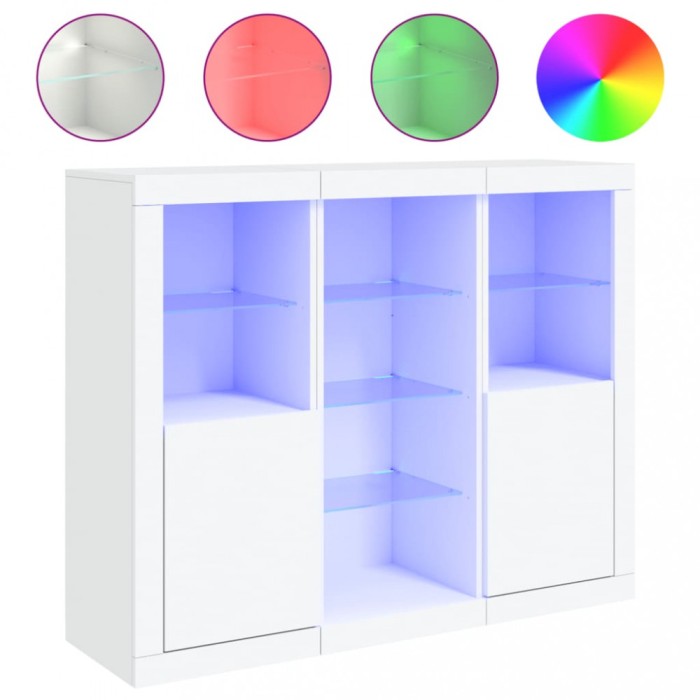 Servanta cu lumini LED, 3 buc., alb, lemn prelucrat