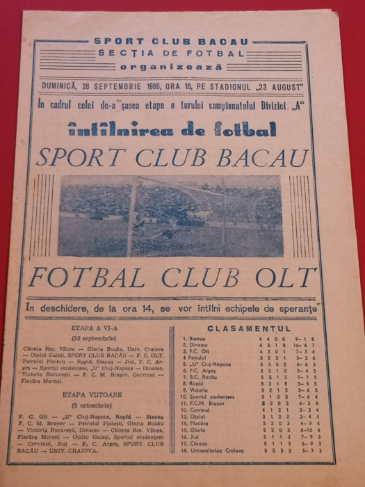 Program meci fotbal SC BACAU - FC OLT (28.09.1986)