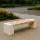 Banca urbana din beton cu marmura alba si rigle din lemn de stejar 200cm