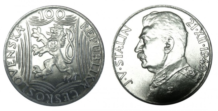 q402 CEHOSLOVACIA 100 KORUN COROANE 1949 ZIUA DE NASTERE A LUI STALIN ARGINT UNC BU LUCIU DE BATERE
