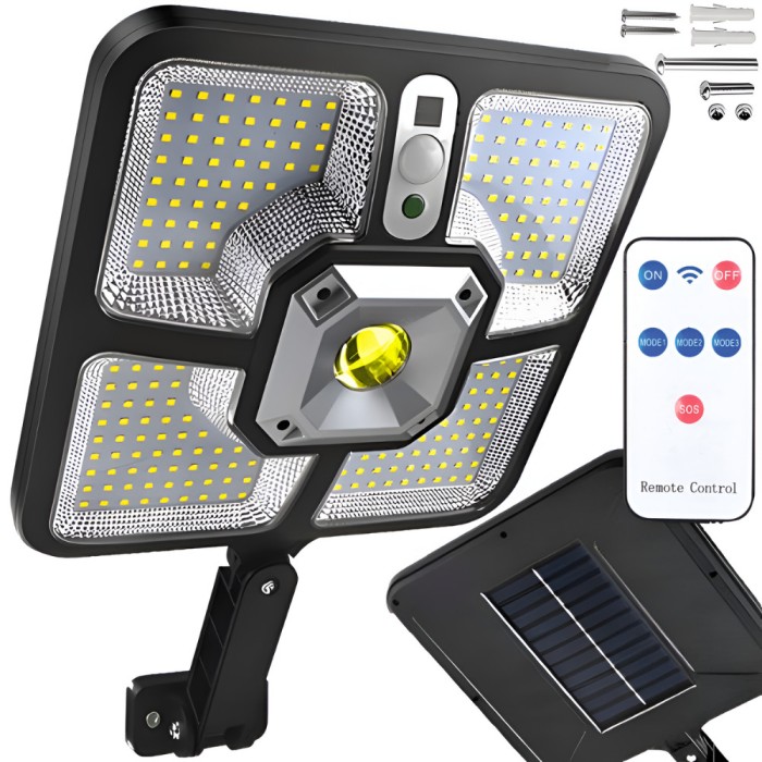 Lampa Solara, cu Panou Solar Incorporat, 220 LED SMD, Telecomanda, cu Senzori de Amurg, Miscare si Lumina, Brat de Montare, Rezistenta la Apa IP65, 3