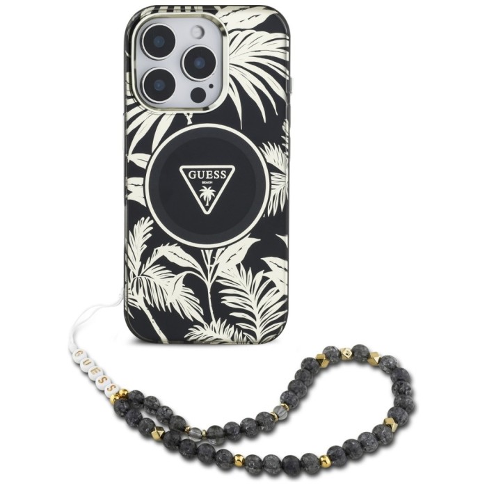 Husa iPhone 16 Pro Max originala Guess IML Palm Trees Triangle with Pearl Strap MagSafe, negru, GUHMP16XHPCTPLSK