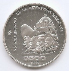 Mexic 500 Pesos 1985 - (75 de ani de la Revoluția din 1910) Argint 33,45 g/925, 38 mm, Md5, KM-511 UNC !!!