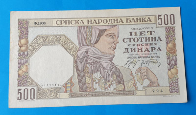 Bancnota - Jugoslavia 500 Dinari 1941 - circulata in stare foarte buna foto