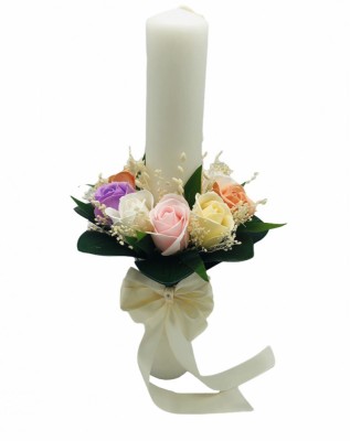 Lumanare pentru Nunta sau Botez, Personalizabila cu nume si data, 9 trandafiri sapun, floarea miresei uscata si frunze real touch, Eventissimi, 40 cm, foto