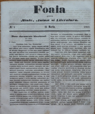 Foaia pentru minte , inima si literatura , nr. 9 , 1863 , Brasov , I. Muresanu foto