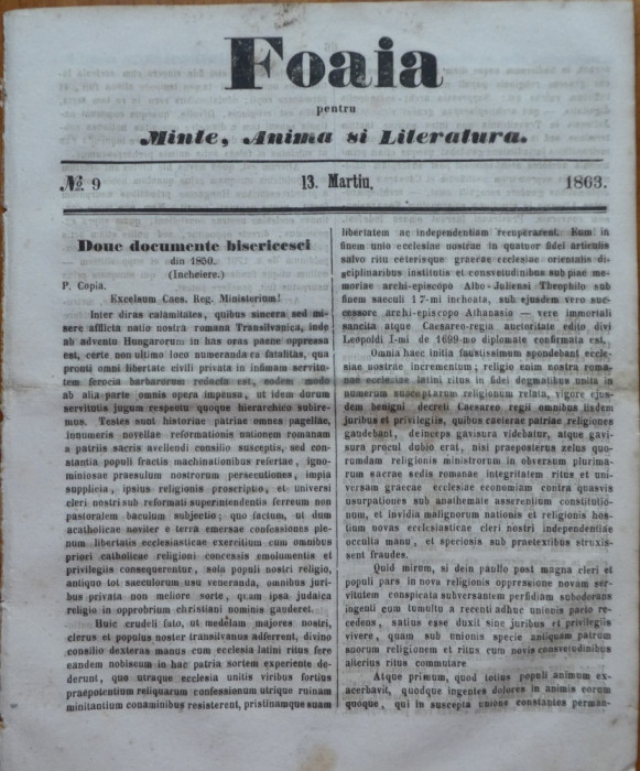 Foaia pentru minte , inima si literatura , nr. 9 , 1863 , Brasov , I. Muresanu