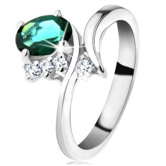 Inel argintiu, brațe subțiri curbate, zirconiu oval verde-închis - Marime inel: 52