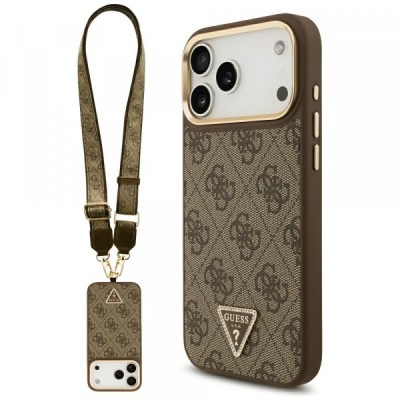 Husa MagSafe pentru Apple iPhone 17 Pro Max, Guess, 4G Triangle Logo with Big Strap, Maro foto