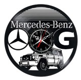 Ceas de perete decorativ realizat din disc de vinil, Model Mercedes-Benz Clasa G / G-Wagen, Negru, 30 cm