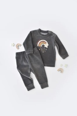 Set Curcubeu cu bluzita cu maneca lunga si pantaloni lungi din 80%bumbac organic si 20% poliester - Antracit, BabyCosy (Marime: foto