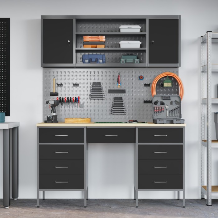 vidaXL Set dulap lucru &amp; panou c&acirc;rlige, 7 piese, negru, MDF &amp; metal