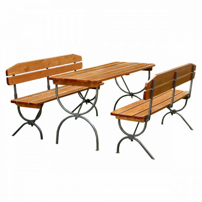 Set mobilier gradina LINZ lemn lacuit, masa 60&times;180 cm, 2 banci cu spatar 28&times;180 cm