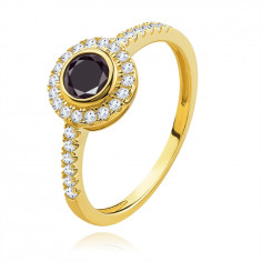 Inel din aur galben de 14K - zircon negru distinctiv, zirconii transparente mai mici - Marime inel: 54