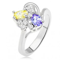 Inel cu un ştras violet şi unul galben, zirconiu transparent - Marime inel: 57