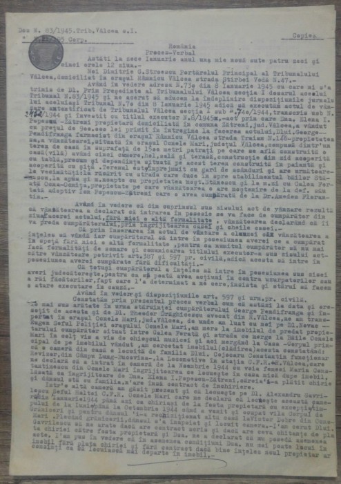 Proces verbal Portarelul Principal Tribunalul Valcea privind imobil/ 1945