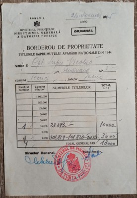 Borderou de proprietate titlurile Imprumutului Apararii Nationale 1944 foto