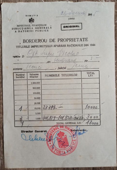 Borderou de proprietate titlurile Imprumutului Apararii Nationale 1944