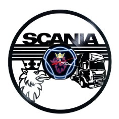 Ceas de perete decorativ realizat din disc de vinil, Model Camion Scania si Grifon Incoronat, Negru, 30 cm