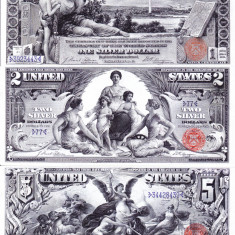 Bancnota Statele Unite ale Americii 1, 2, 5 Dolari 1896 - UNC ( set x3 replici )