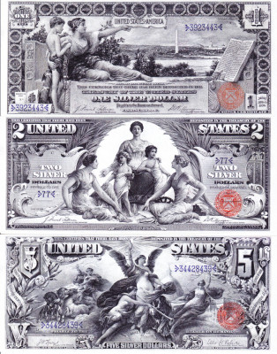 Bancnota Statele Unite ale Americii 1, 2, 5 Dolari 1896 - UNC ( set x3 replici ) foto
